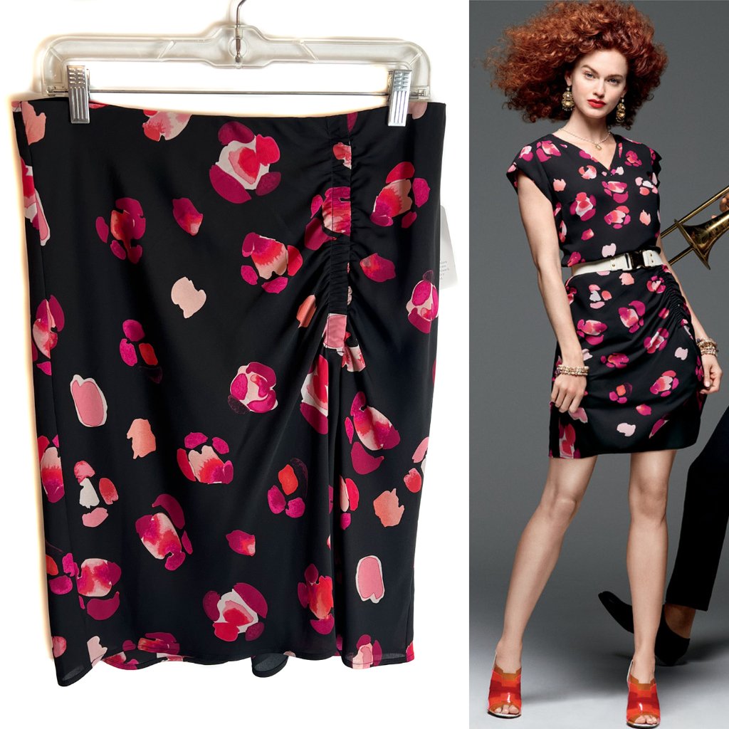 Nwt Cabi Black & Pink Cranberry Crush A-Line Ruched #5513 Petal Skirt Size M